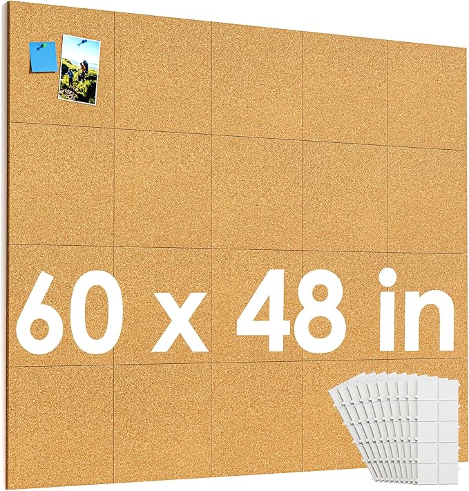 MaxGear 60" x 48" Large Cork Board for Wall, 20 Pack Cork Board Tiles with 40 Pushpins & Safe Removable Adhesive Tabs, 12" x 12" Corkboards for Office, School, Home
