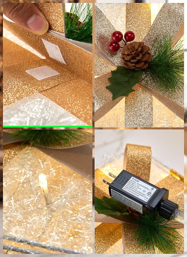 3 Pieces Lighted Gift Boxes Christmas Decorations, 12in 10in 8in with 60 Pre-Strung Mini String Lights, Foldable Light up Present Boxes for Indoor Outdoor Holiday Party Christmas Yard Home Art Decor