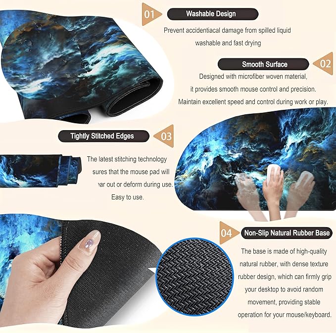 Cool Blue Waves Desk Mat XXL Gaming Mouse Pad, Large Extended Non-Slip Rubber Base Mousepad, Keyboard Mouse Mat, Desk Pad with Stitched Edges 31.5x15.75 in, Desktop Accessories Mat for Women