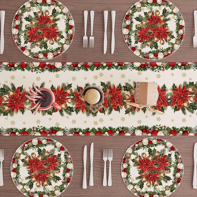 XCHI Christmas Poinsettias Leaves Bells Snowflakes Winter Xmas Round Placemats Set of 4 Table Mats for Party Home Kitchen Dining Table Decorations 14x14 Inch