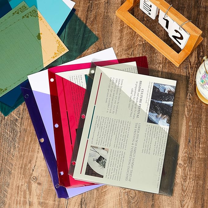 Maitys 50 Pack Binder Pockets 3 Hole Punch Clear Plastic Document Folders Binder Organizer Store Letter Size 8.5x11 Inch Paper Folders with Pockets Slash File Jacket for Office (Dark Color)