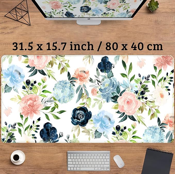 Pink Blue Floral Desk Mat Mousepad Cute Flowers Mouse Pad Gaming XL Large Extended Desk Pad Desk Matt for Desktop, Computer Laptop Keyboard Mouse Mat for Women Office Decor Accessories 31.5x15.7 in