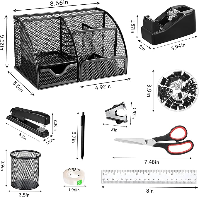 Black Office Desk Accessories Supplies, 12pcs Desk Organizers and Accessories with Tape dispenser and Stapler,Staples,Staple Remover,Pen Holder,Scissor,Ruler,Sticky Tabs,Tape,Ballpoint Pen,Clips Set