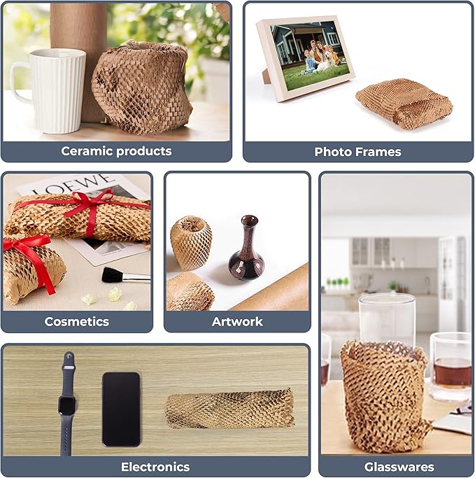 Bubble Wrap Substitute - Honeycomb Packing Paper 15''x280', Cushioning Wrap Moving, Shipping, Packing for Glassware, Plates, Cups with 36 Fragile Sticker Labels