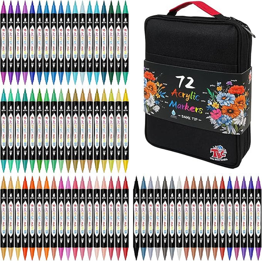 TBC The Best Crafts 72 Colors Dual Tip Acrylic Paint Markers, Double zipper design Topgrade Canvas bag,Waterproof, Non-Toxic, odorless, Suitable for Paper,Pottery, Stones, Glass,outdoor painting
