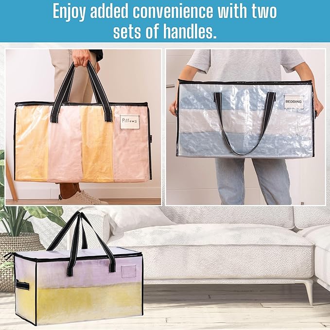 VENO 10 Pack Moving Bags, Comforter and Blanket Storage Bags for Closet, Moving Boxes, Boxes with Lids Alternative, College Dorm Packing Supplies, Foldable Heavy-Duty Tote (Clear, 10 Pack)