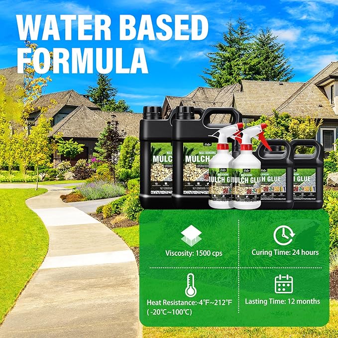 Mulch Glue - 64oz Concentrate Gravel Glue Strong Landscape Adhesive with Applicator for Landscaping, Garden - Safe Ready to Use Mulch Lock Gravel Stabilizer Glue for Pea Gravel, Rock, Leaf, Bark