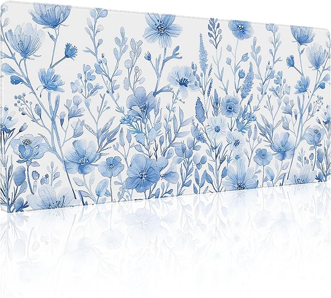31.5”x11.8”Large Gaming Mouse Pad for Desk, Mouse Mat with Seamed Edges, Waterproof Desk Pad, Non-Slip Rubber Base, Keyboard Pad Computer Mat, Big XL Mousepad- Blue and White Flower