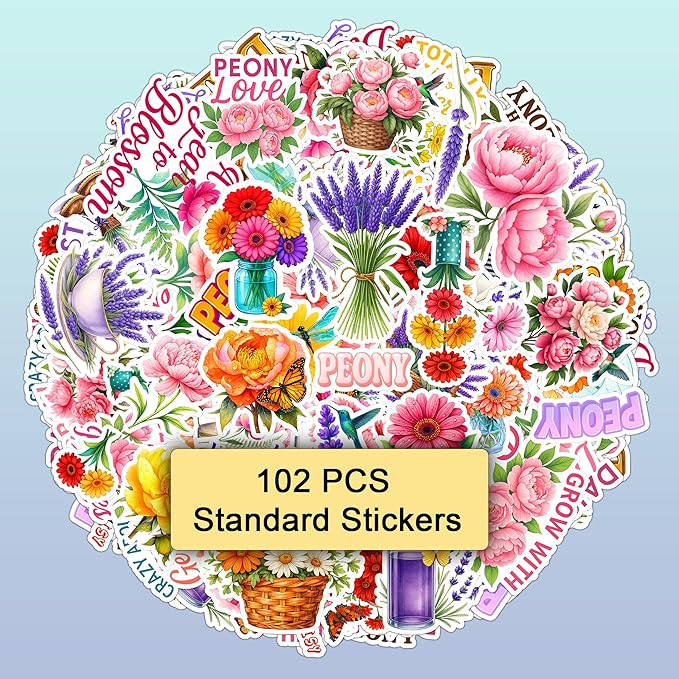 105 PCS Peony Lavender Gerbera Daisy Flower Stickers Pack Vinyl Waterproof Botanical Bloom Quote Decal for Hard Hat Bumper Car Water Bottle Scrapbook Laptop Phone Wall Gift