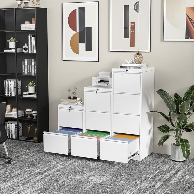INTERGREAT 3 Drawer File Cabinet, White Metal Filing Cabinet with Lock, Locking Tall File Cabinets with 4 Adjustable Hanging Frame for Home Office