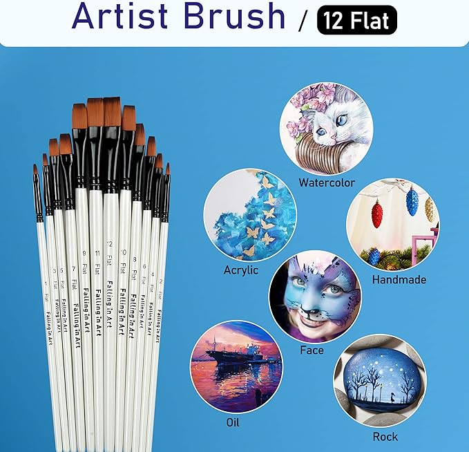 Falling in Art Paint Brushes Set, 12 PCS Nylon Professional Flat Paint Brushes for Watercolor, Oil Painting, Acrylic, Face Body Nail Art, Crafts, Rock Painting