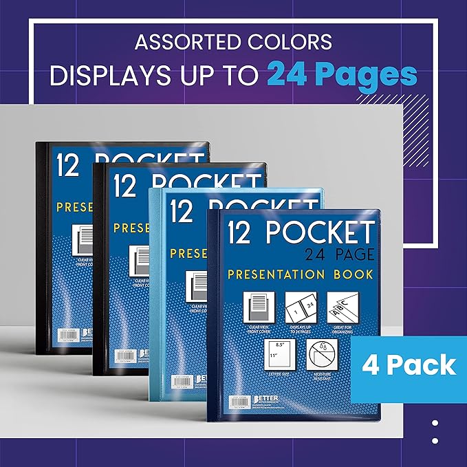 Better Office Products 12 Pocket Bound Presentation Book, Assorted Colors, Clear View Front Cover, 24 Sheet Protector Pages, 8.5" x 11" Sheets, Art Portfolio, Poly Covers, Letter Size (4 Pack)