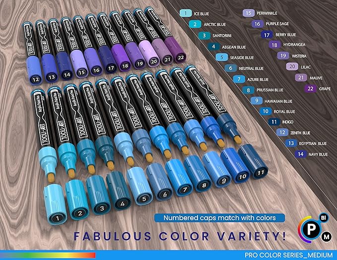 TOOLI-ART 22 Acrylic Paint Markers Paint Pens Pro Color Series Set 3mm Medium Tip for Rock Painting, Glass, Mugs, Wood, Metal, Glass Paint, Canvas, DIY. Non Toxic, Waterbased, Quick Drying (BLUES)