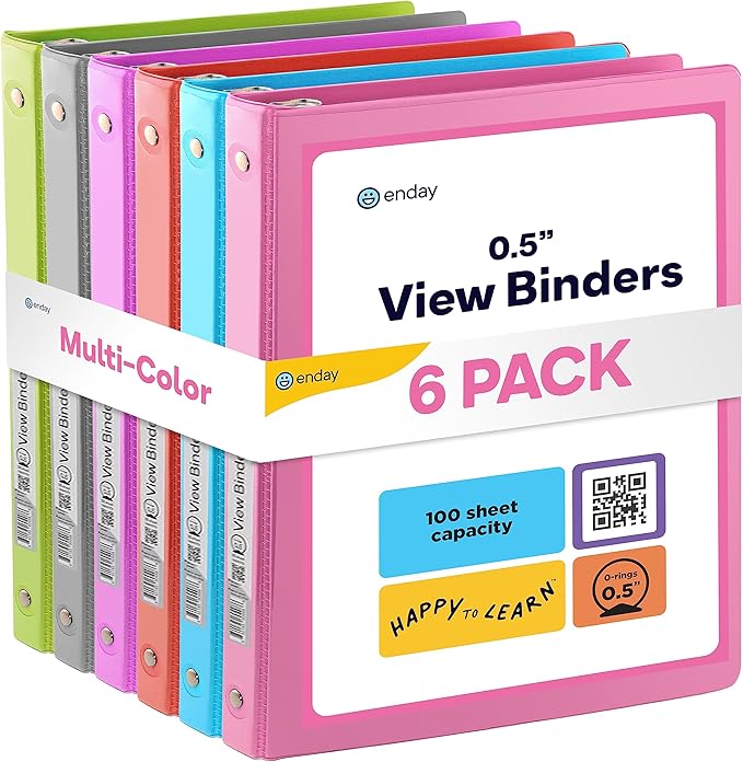 ½ Inch 3 Ring Binder, .5 Inch Round Ring Clear View Cover with 2 Inside Pockets Binders, Colored School Supplies Binders in Grey, Pink, Blue, Purple, Green and Red, Multicolor (6 PC) – by Enday
