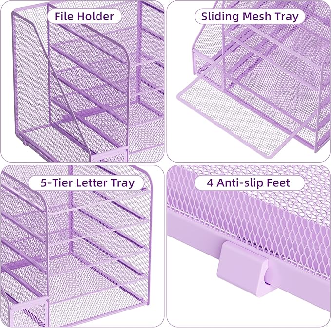 Marbrasse Desk Organizers and Accessories, 5-Tier Paper Letter Tray Organizer with File Holder, Mesh File Organizer, Office Desk Accessories & Organization for Supplies (Purple)