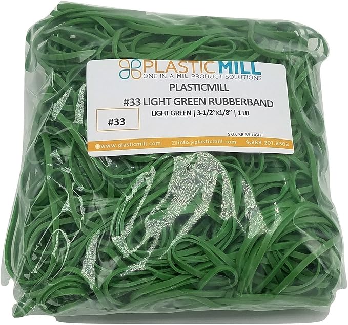 PlasticMill Light Green Rubber Bands Size 33 (3 1/2" x 1/8") - #33 Colored Rubber Bands Office Supplies - Strong, Elastic Bands for Crafts, Balloon Garland, Cash, File Folders (1,000-Pack)