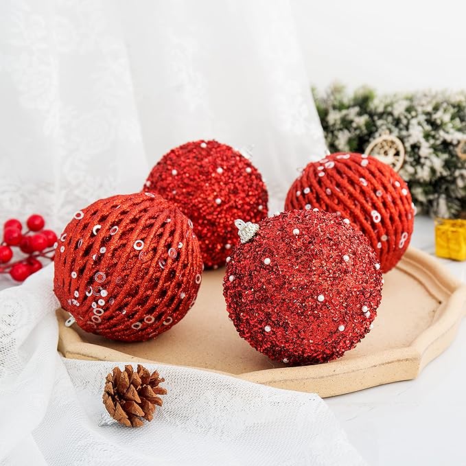 6pcs 3.94" Christmas Ball Ornaments Glitter Shatterproof Christmas Tree Ornaments Sequin Xmas Hanging Balls Decorations for Wedding Party Holiday(Red, 6pc-10cm)
