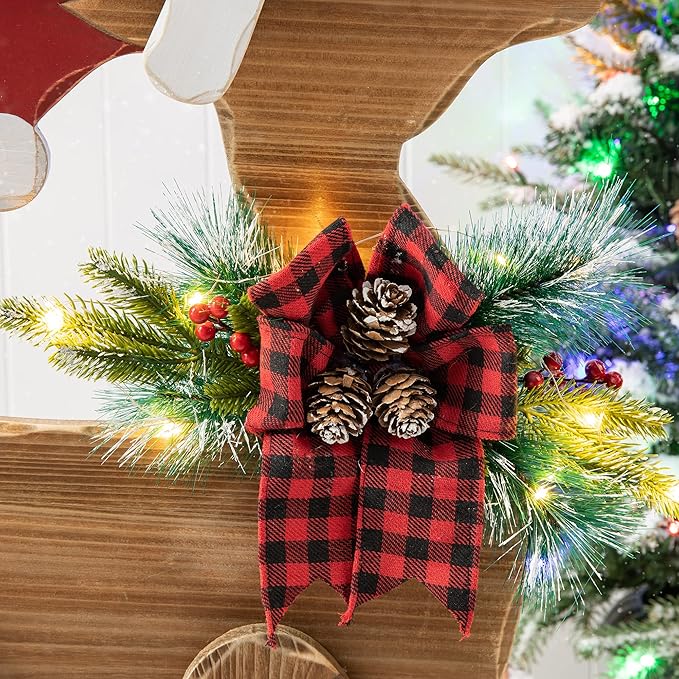 Glitzhome 36" H Lighted Wooden Christmas Chunky Reindeer Porch Sign Standing Deer Porch Decor Rustic Merry Christmas Welcome Sign Holiday Party Outdoor Indoor Xmas Decorations