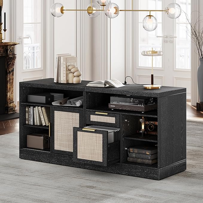 2 Drawer File Cabinet with Lock, 63'' Wood Lateral File Cabinet, Compatible Letter and A4 Size, Rattan Filing Cabinet for Home Office with AC/USB, Adjustable Storage Shelves, Black