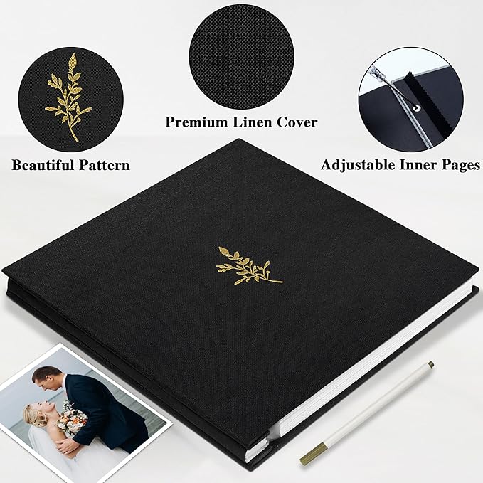 Self Adhesive Photo Album, Black Scrapbook Album with DIY 60 Blank Pages, Wedding Photo Album with A Metallic Pen for 4x6 5x7 2x3 Pictures, 10.6"x11"