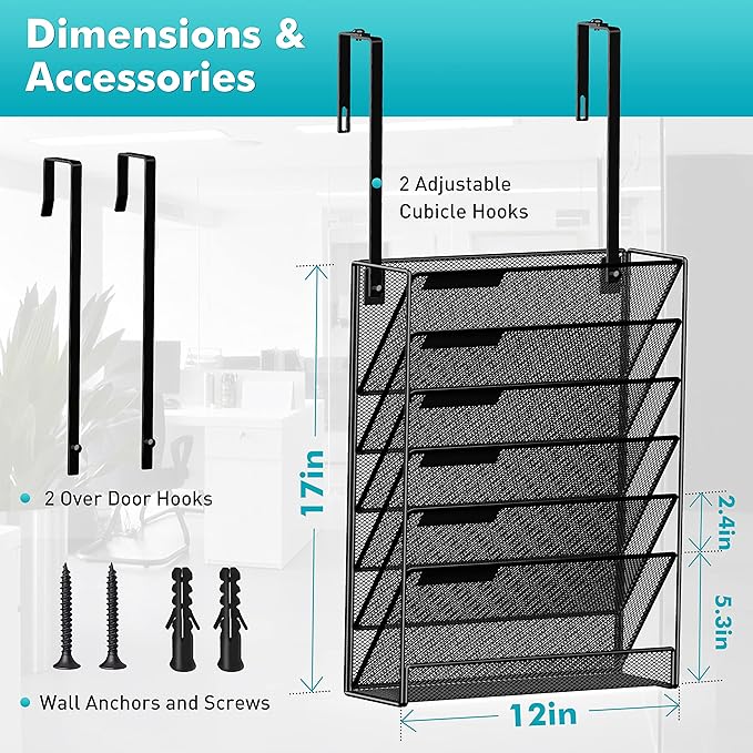 7-Compartment Wall Mounted Hanging File Organizer Cubicle Wall File Holder Vertical Document Organizer for Office Home, Black