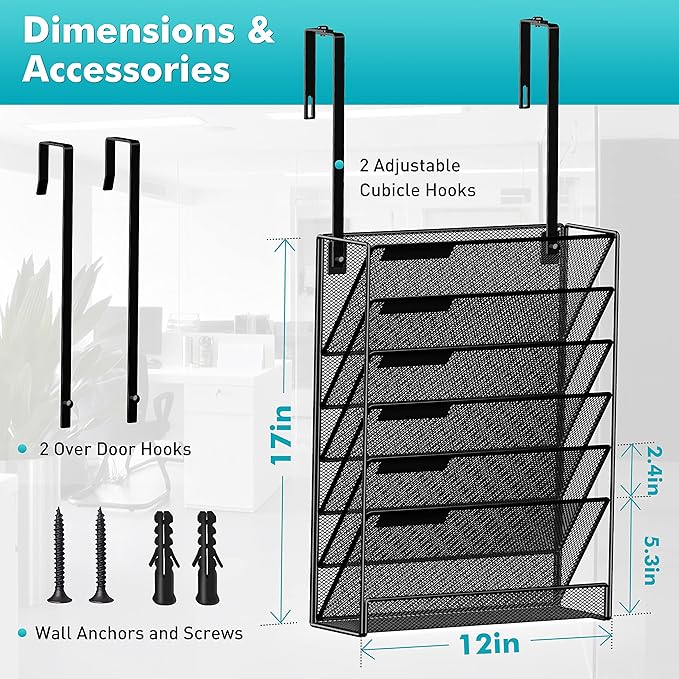 7-Tier Wall Hanging File Organizer Cubicle Hanging Organizer Mount File Holder, Mesh Magazine Document Mail Organizer Wall Organizer for Office School Home, Black