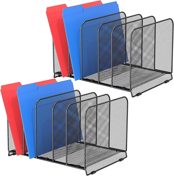 5 Sections Desk File Holder/Rack/Sorter,Mesh File Organizer,File Folder Organizer,Metal Upright Desktop Organization for Documents,Magazine,Kitchenware,Antiskid,Antirust,Sturdy,2 Packs