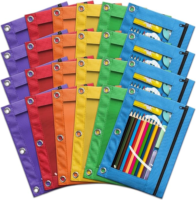 Pencil Pouch for 3 Ring Binder, Bulk 24 Pack 3-Holes Zipper Pencil Pouches in Assorted Colors, Sturdy and Durable Cloth Pencil Holder with Clear Window for Office School College Supplies
