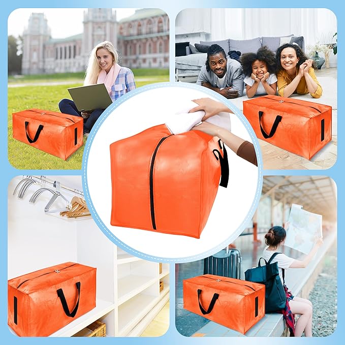 8 Pack Large Strong Moving Bags with Zippers & Carrying Handles - Water-Resistant - Heavy Duty Storage Tote for Space Saving, Fold Flat, Alternative to Moving Box (Orange)