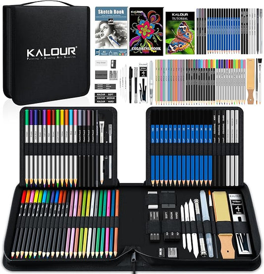 KALOUR 82 Pack Drawing Sketching Kit, Pro Art Supplies with Sketchbook, Include Tutorial,Colored, Graphite, Charcoal, Watercolor,Metallic & Pastel Pencils, Drawing Set for Adults Teens Beginner