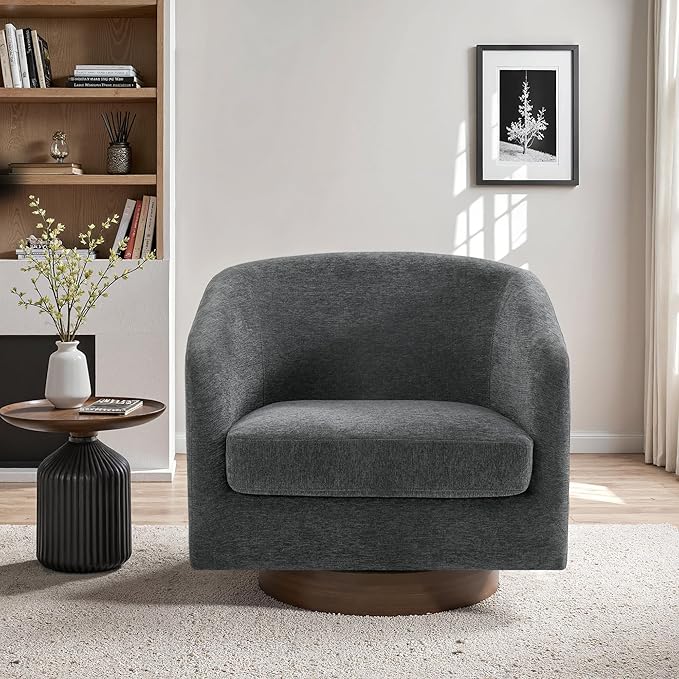 UIXE Swivel Accent Chair with Wood Base, Chenille Upholstered Barrel Chairs for Living Room, Comfy Round Armchair Single Sofa Bedroom Reading Seat - 31" W, Gray