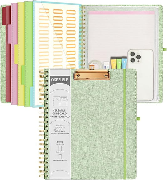 Ospelelf Green Foldable Spiral Clipboard Folio with Storage Zipper Pouch, 5 Plastic Folders with 10 Pockets, Refillable Lined Notepad (11" x 8.5"), Linen Hardcover Project Organizer