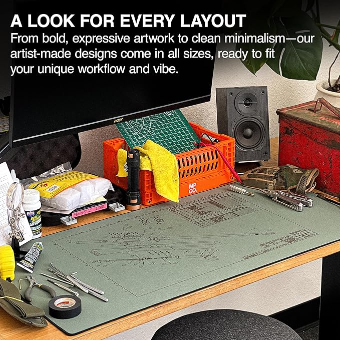 MPCO. Blueprints Large Gaming Desk Pad - 36" x 17" Duraglyde Fabric Browning 50 Cal – Green Desk Mats - Non-Slip, Washable, Smooth Glide for Precision Gaming & Work