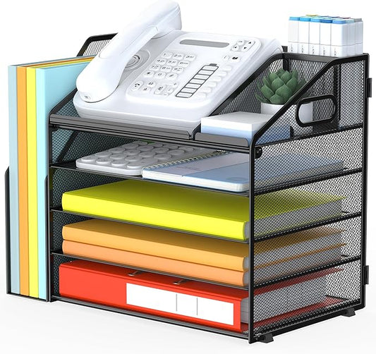 DocNest 5 Tier Paper Letter Tray File Organizer, Mesh Desk File with Handle, Workspace Desk Organizers with Pen Holder, Office Organization Storage Accessories - Black