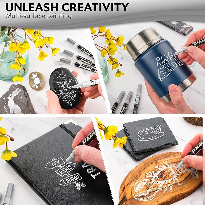 Stylo 4 Count Acrylic Metallic Pens - Silver Paint Pens - Fine Tip Permanent Acrylic Metallic Paint Markers for Rock Painting, Glass, Wood, Ideal for Arts and Crafts (Pack of 4, Silver)