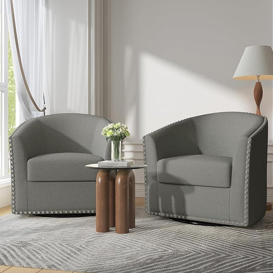 UIXE 360° Swivel Barrel Accent Chair Set of 2, Modern Upholstered Arm Chair Round Club Armchair, Nailhead Trim Single Sofa Seating in Fabric for Living Room - Light Gray
