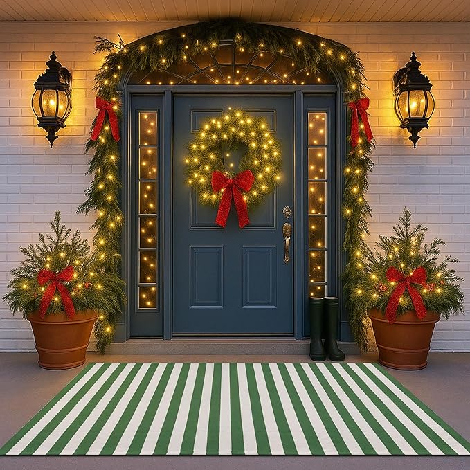 Christmas Green & White Striped Rug - 4' x 6' Outdoor Front Door Decor Mat Cotton Washable Hand-Woven Rug Christmas New Year Holiday Porch Entryway Layered Doormat