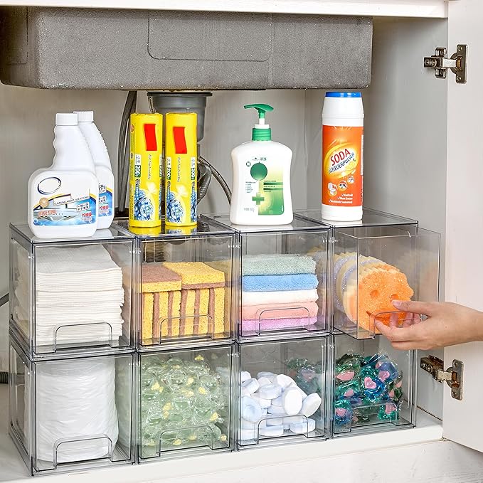 Vtopmart 8 Pack Stackable Under Sink Organizer Drawers, Clear Acrylic Storage Bins for Kitchen and Bathroom Cabinets, Baby Bottles, Cleaning Supplies, 6.6'' Tall Space-Saving Drawer System