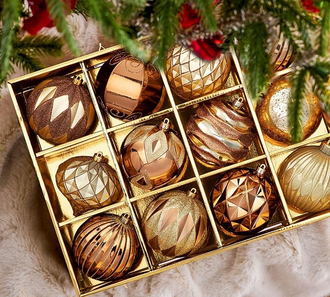 Hollyone 4 Inch Bronze Christmas Ornaments 12Pcs Brown Christmas Tree Ornaments Balls Colored Shatterproof Christmas Ornaments for Xmas Tree Decor Holiday Party Wreath Home Decor (Bronze, 100mm)