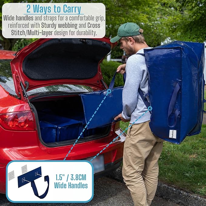 VENO 2 Pack Moving Bags w/Backpack Straps, Heavy Duty, Moving Boxes Alternative, Packing Supplies, Large Storage Totes for Dorm Room Essentials with Zipper for Clothes (Blue, 2 Pack)