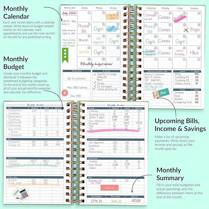 GoGirl Budget Planner & Monthly Bill Organizer – Monthly Financial Book with Pockets. Expense Tracker Notebook Journal, Compact (Mint Green)