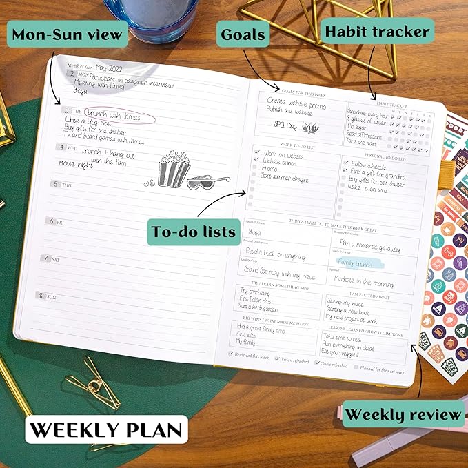 Legend Planner PRO – Deluxe Weekly & Monthly Life Planner to Increase Productivity and Hit Your Goals. Time Management Organizer Notebook – Undated – 7 x 10" Hardcover + Stickers – Amber Yellow