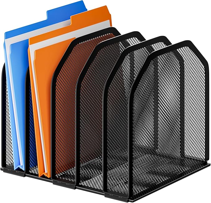 Desk File Organizer, Adjustable 5 Sections Upright Desktop Organizer File Sorter, Sturdy Metal Mesh Vertical Bookshelf File Holder Workspace Accessories for Home,School,Office Classroom,Black
