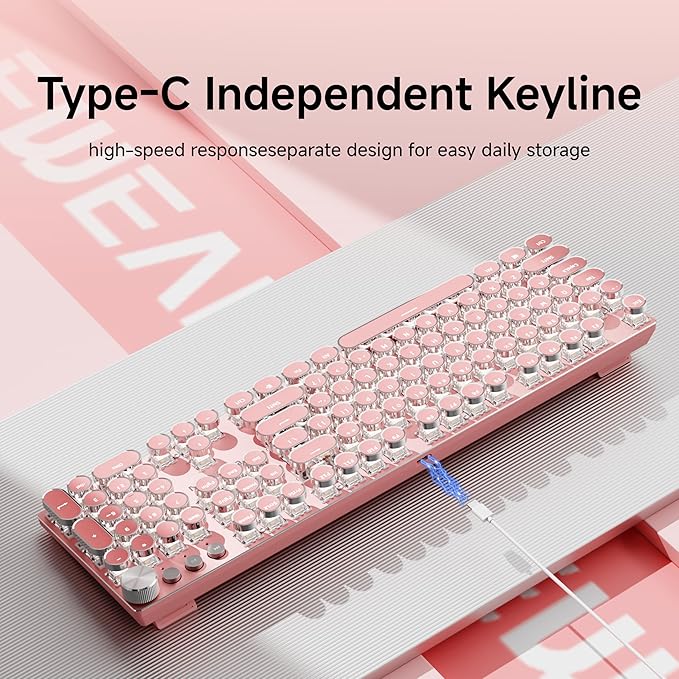 EWEADN Typewriter Style Mechanical Gaming Keyboard, Wired Mechanical Keyboards,104 Keys Backlit LED Keyboards, Media Control Knob, Wired Computer Keyboard White Switch for Windows/Mac/PC-Dark Pink