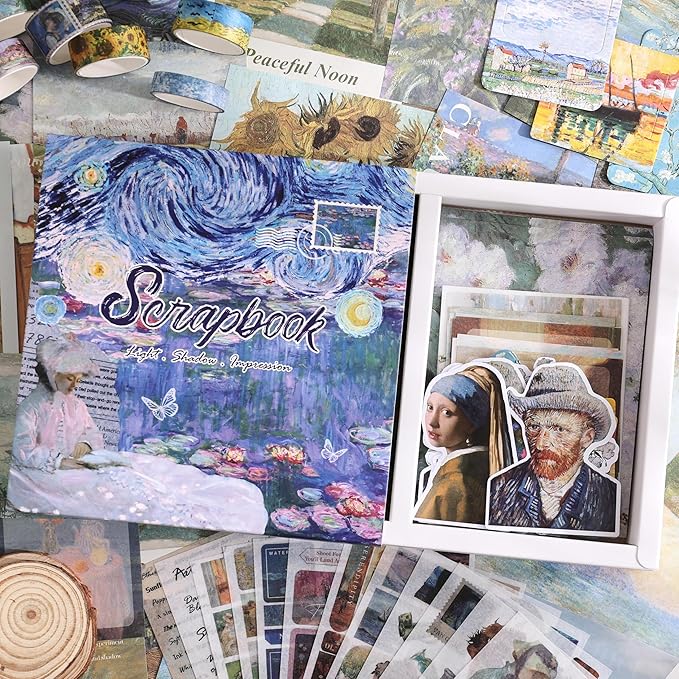 Scrapbooking Supplies Kit, Monet Van Gogh Oil Painting Theme Scrapbook Kit for Bullet Junk Journal, 12 Rolls Washi Tape, Stickers Papers for DIY Journaling Supplies, Craft Gift for Girl Kid Women