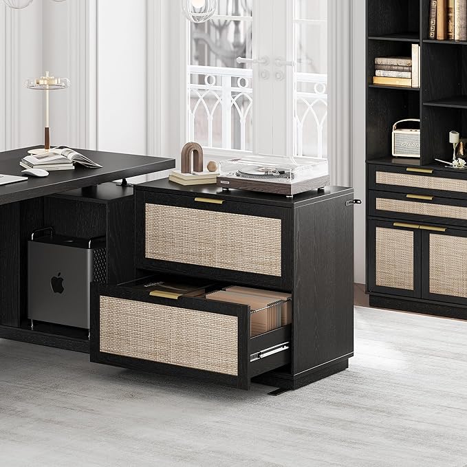 2 Drawer Rattan File Cabinet, 32'' Lateral File Cabinet for Legal/Letter/A4/F4 Size Hanging Files, Wood File Storage for Home Office, Black