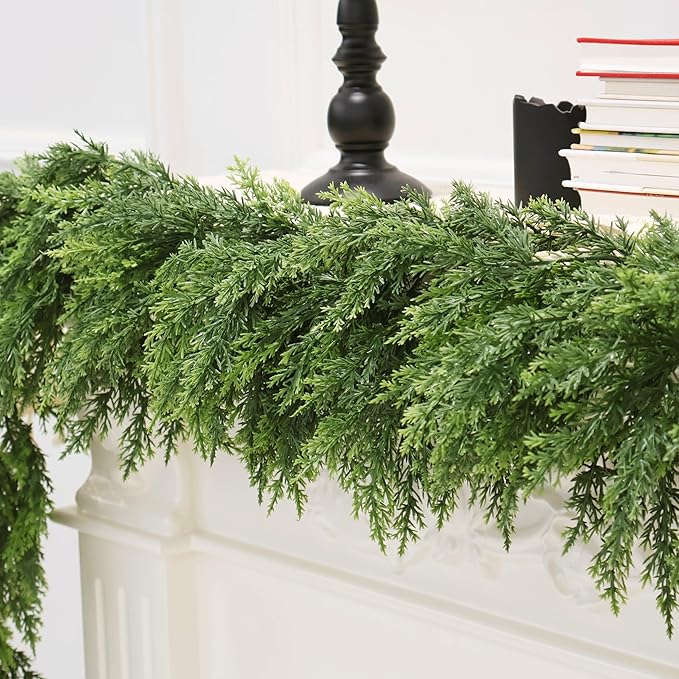 15FT Christmas Cedar Garland Artificial Realistic Green Faux Real Touch Winter Pine Garland for Mantle Fireplace Wall Table Indoor Outdoor Decoraiton