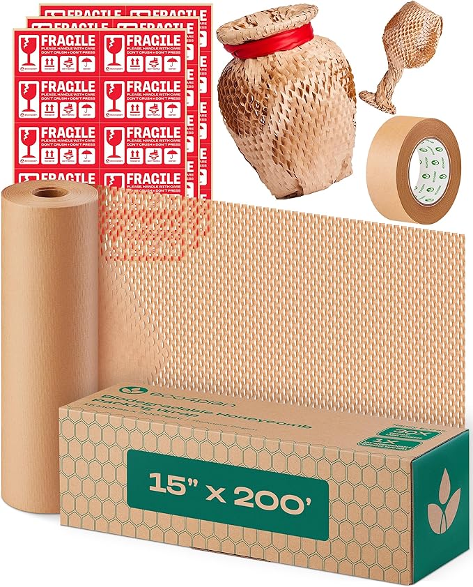 Honeycomb Packing Paper | Extra Thick 90 GSM Packing Wrap | Biodegradable Packing Materials: 15” x 200’ Moving Paper + 195’ Cellulose Adhesive Tape + 30 Fragile Stickers | Paper Bubble Wrap