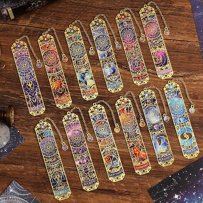 12 PCS Zodiac Theme Metal Bookmark for Women, Gold Hollow Astrology Bookmarks Set Funny Book Mark for Girls, Teenage, Student, Readers, Men, Horoscope Themed Gifts for Book Lovers, Birthday Present
