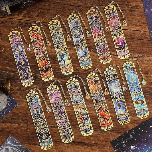 12 PCS Zodiac Theme Metal Bookmark for Women, Gold Hollow Astrology Bookmarks Set Funny Book Mark for Girls, Teenage, Student, Readers, Men, Horoscope Themed Gifts for Book Lovers, Birthday Present